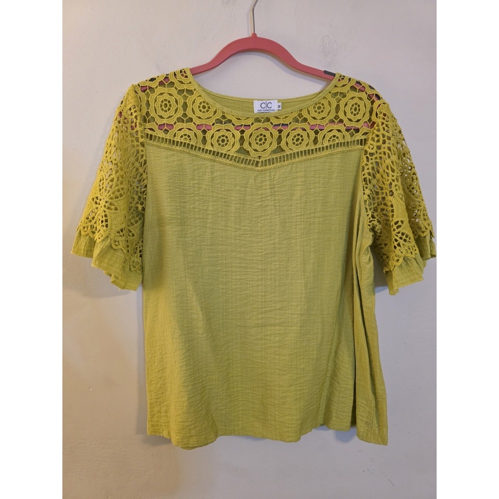 Chic Connection Yellow Crochet Lace Yoke Blouse Short Sleeve Top CR-1213 Mens M